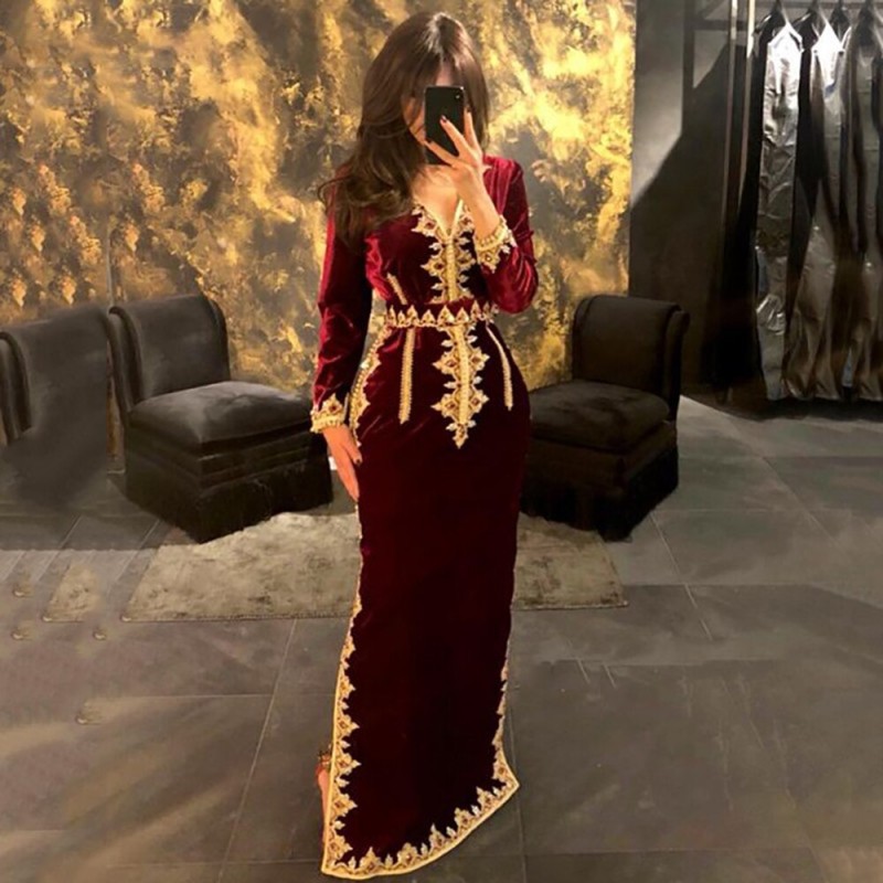 14448#IENA Mermaid Formal Evening Dresses Moroccan Kaftan Velvet Long Sleeves Muslim Bride Gown 2023 Algerian Vestidos De Fiesta