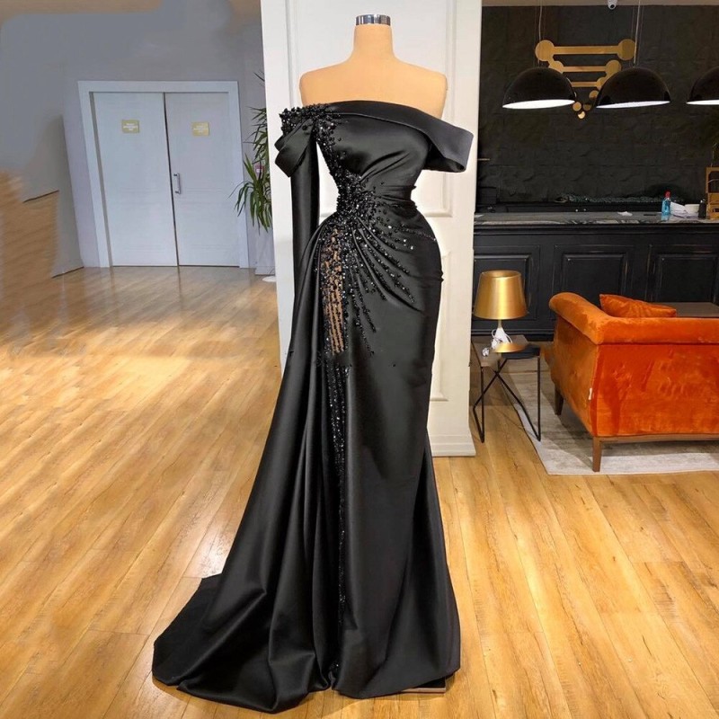 Vinca Sunny Luxury Black Beading Off Shoulder Satin Mermaid Evening Dresses Party Dress Formal Long Prom Dress robes de soirÃƒÂ©e