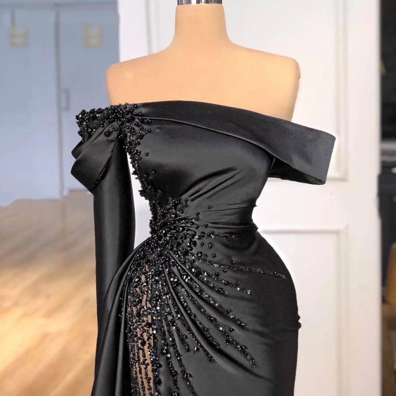 Vinca Sunny Luxury Black Beading Off Shoulder Satin Mermaid Evening Dresses Party Dress Formal Long Prom Dress robes de soirÃƒÂ©e