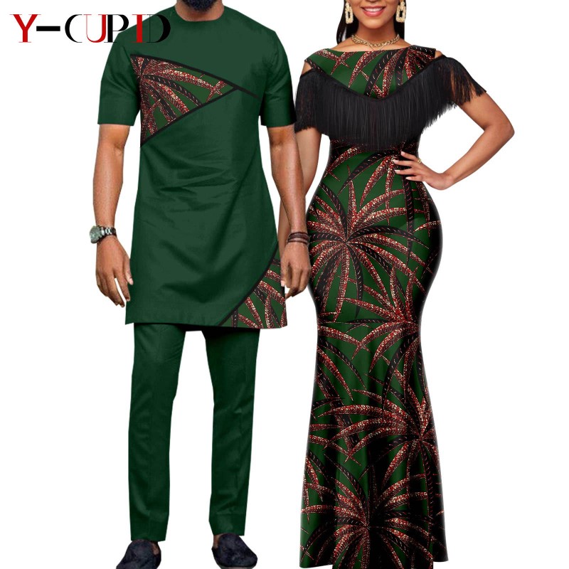 African Dresses for Women Matching Couple Outfits Bazin Riche Dashiki Slim Tassel Print Long Dresses for Party Vestidos Y23C009
