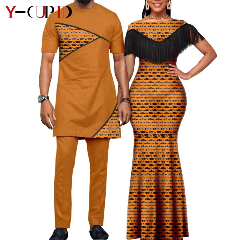 African Dresses for Women Matching Couple Outfits Bazin Riche Dashiki Slim Tassel Print Long Dresses for Party Vestidos Y23C009