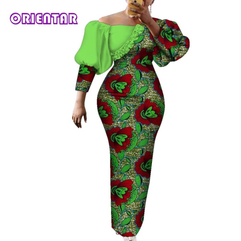 Women Dress African Print Cotton Puff Sleeve Evening Dress African Clothes for Women Elegant Bodycon Long Party Dress WY2122