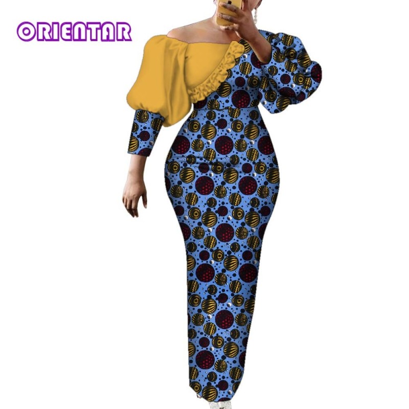 Women Dress African Print Cotton Puff Sleeve Evening Dress African Clothes for Women Elegant Bodycon Long Party Dress WY2122