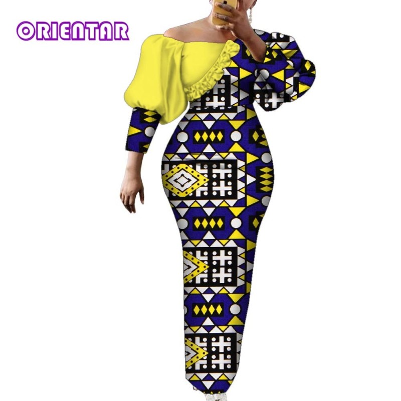 Women Dress African Print Cotton Puff Sleeve Evening Dress African Clothes for Women Elegant Bodycon Long Party Dress WY2122