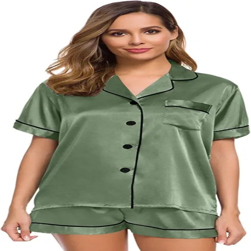 Satin Pajamas Women's Short Sleeve Sleepwear Soft Silk Button Down Loungewear Pjs Shorts Set S-XXL