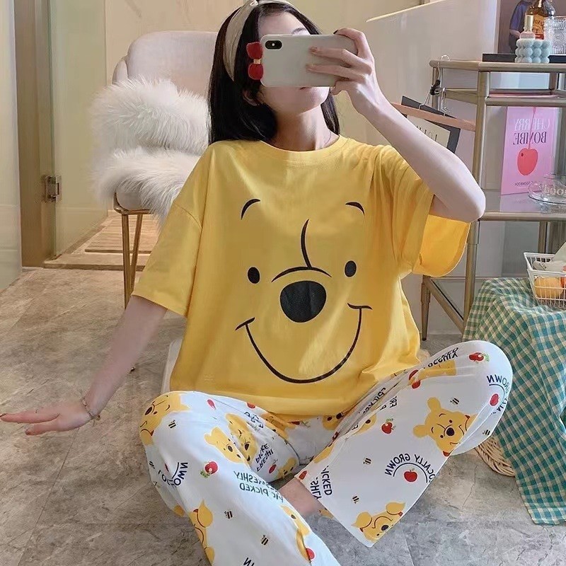 Thin Cute Cartoon Women's Pajamas Set Sweet Short-sleeved Casual Pants Two-piece Spring And Summer Girls Home Clothes