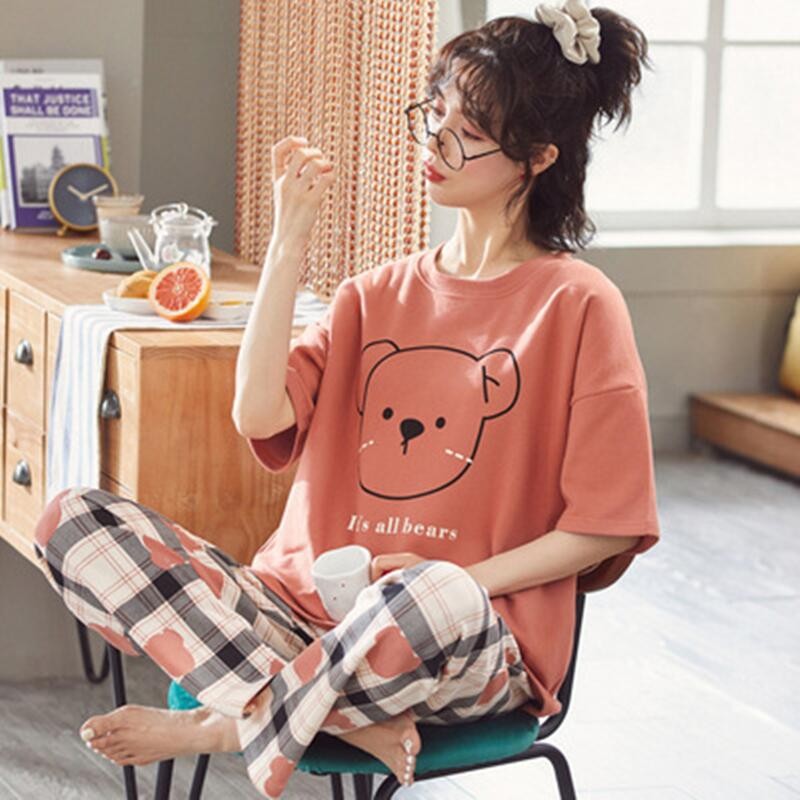 Thin Cute Cartoon Women's Pajamas Set Sweet Short-sleeved Casual Pants Two-piece Spring And Summer Girls Home Clothes