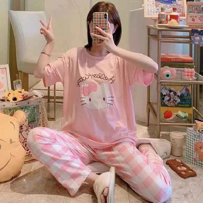 Thin Cute Cartoon Women's Pajamas Set Sweet Short-sleeved Casual Pants Two-piece Spring And Summer Girls Home Clothes