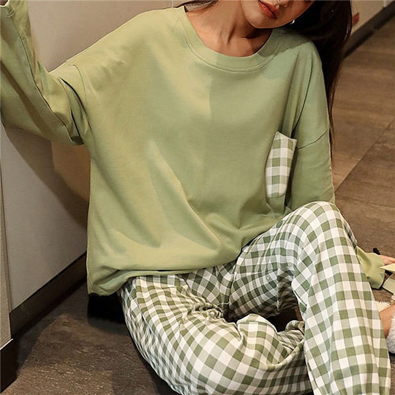 Plaid Pajamas Ladies Spring Autumn Long Sleeve Polyester Cotton Women's Autumn and Winter Large Size Casual Autumn Homewear Set