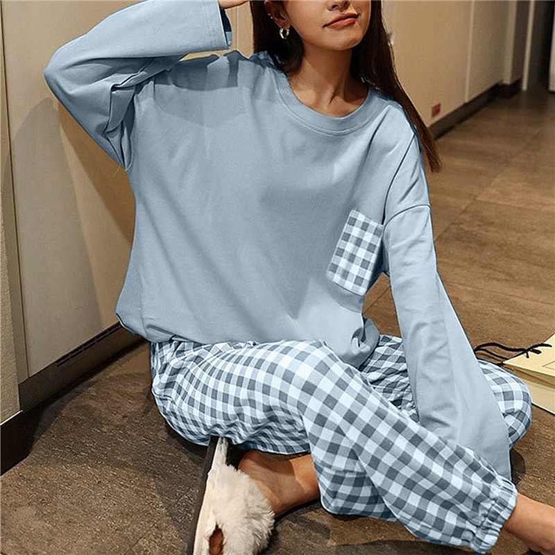 Plaid Pajamas Ladies Spring Autumn Long Sleeve Polyester Cotton Women's Autumn and Winter Large Size Casual Autumn Homewear Set