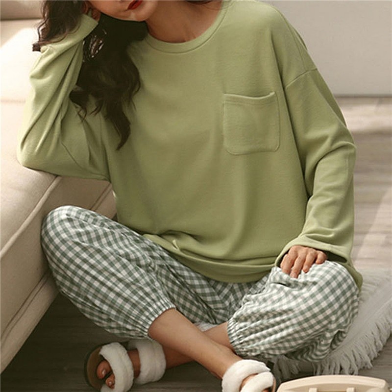 Plaid Pajamas Ladies Spring Autumn Long Sleeve Polyester Cotton Women's Autumn and Winter Large Size Casual Autumn Homewear Set