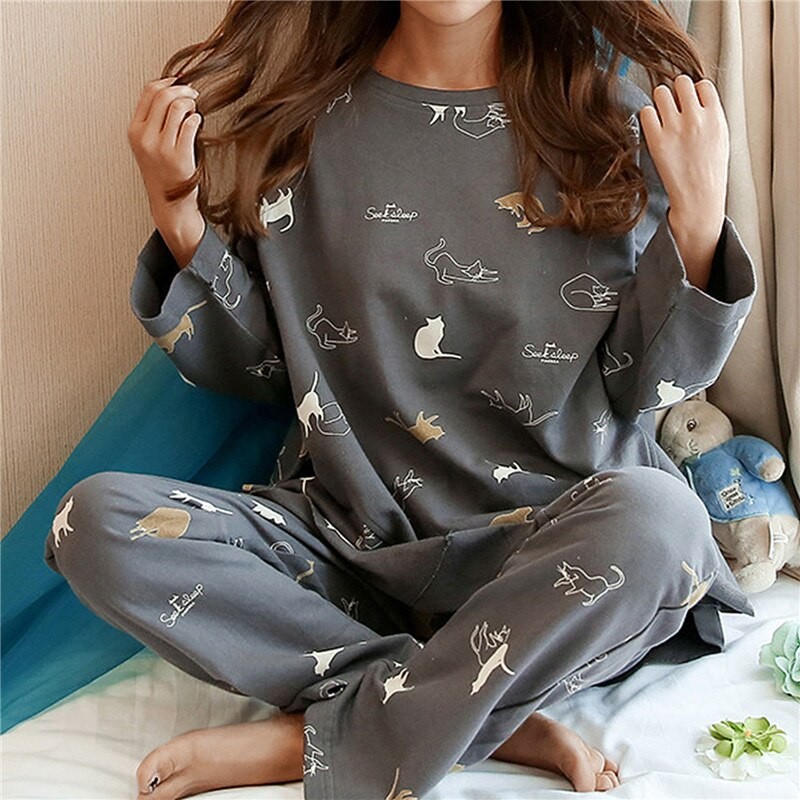 Spring Cute Cartoon Cat Print Pajama Set Women Two-pieces Long Sleeve Sleepwear Underwear Women Pajama Sets