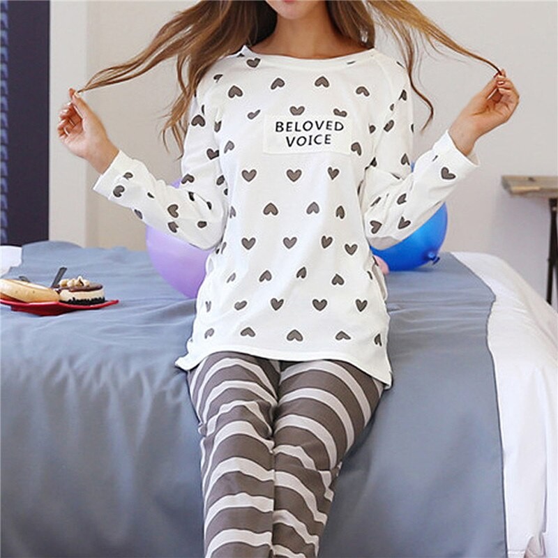 Spring Cute Cartoon Cat Print Pajama Set Women Two-pieces Long Sleeve Sleepwear Underwear Women Pajama Sets