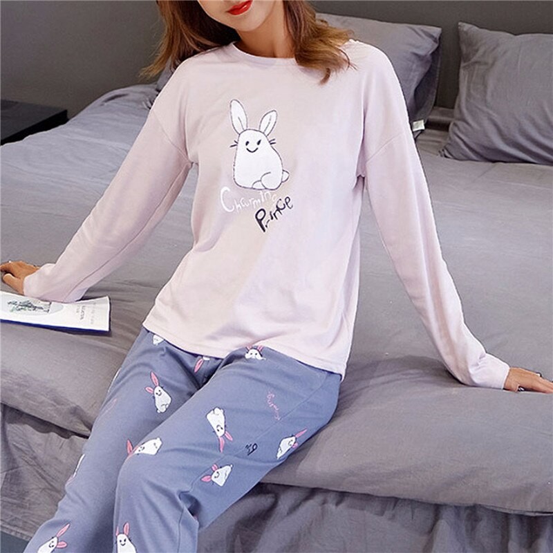 Spring Cute Cartoon Cat Print Pajama Set Women Two-pieces Long Sleeve Sleepwear Underwear Women Pajama Sets
