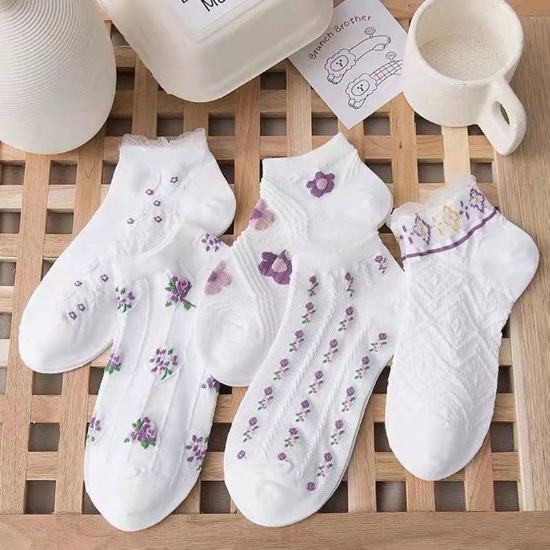5 Pairs Set Flowers Socks Women Pack Ankle Harajuku Kawaii Cute Cotton Skarpetkie Damski Bohemia Style Floral Invisible Socks