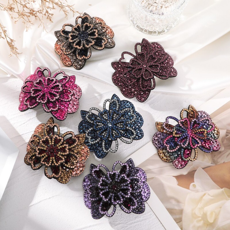 AWAYTR Elegant Full Rhinestone Flower Hair Clip Barrettes Headband for Women Hair Accessories Crystal Hairpin Spring Clips