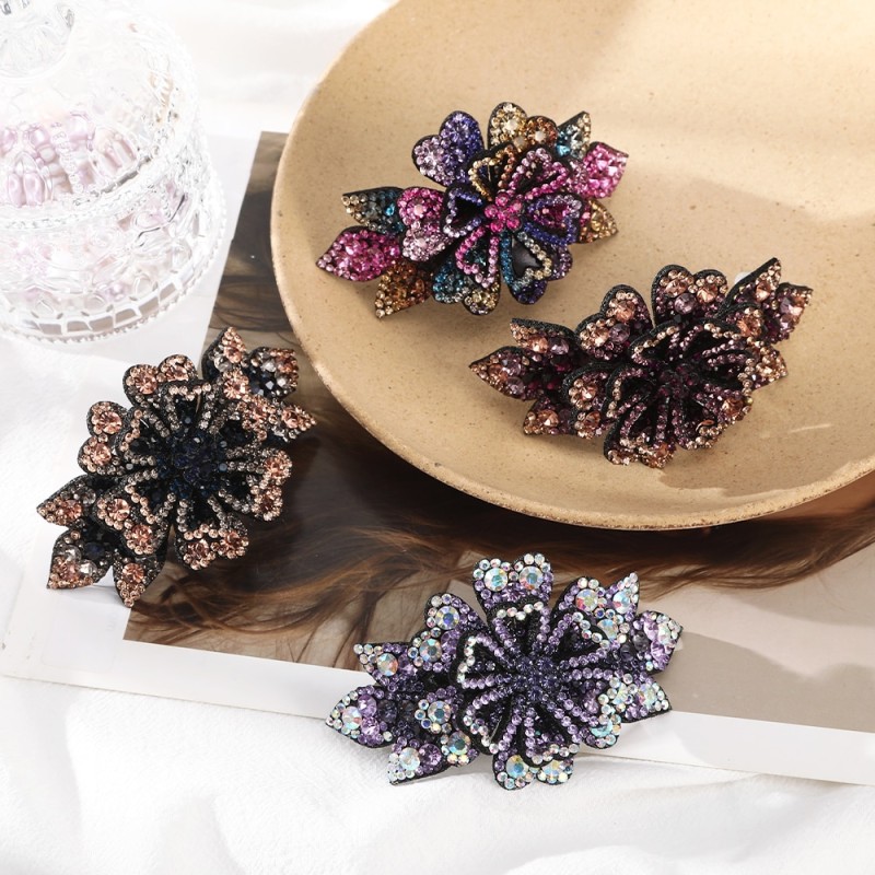 AWAYTR Elegant Full Rhinestone Flower Hair Clip Barrettes Headband for Women Hair Accessories Crystal Hairpin Spring Clips
