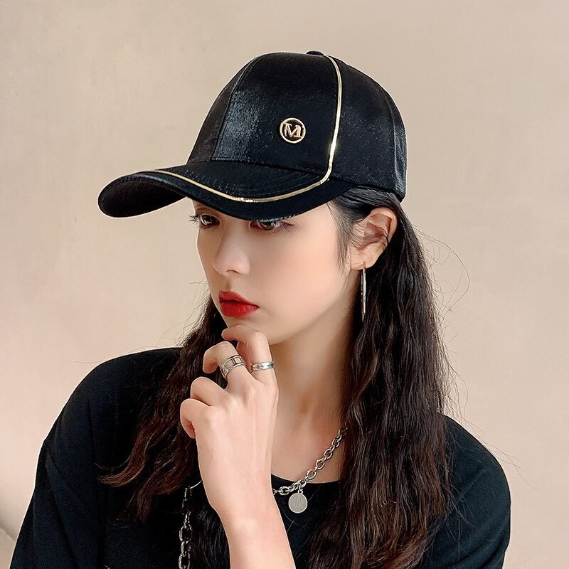 Spring New Women's Peak Hat Hot Rhinestone M Letter Silk Smooth Summer Sunshade Sun Baseball Cap