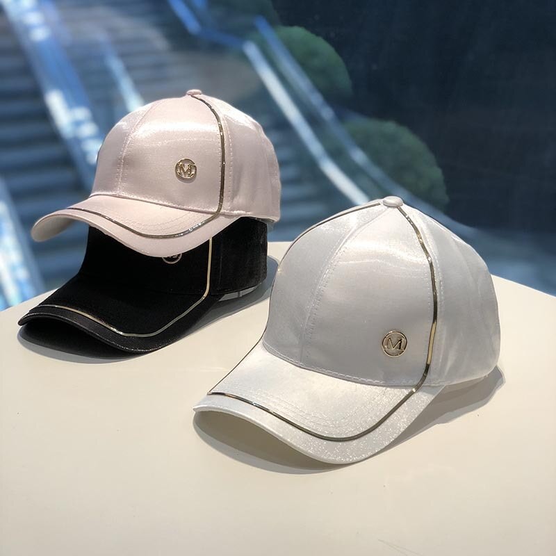 Spring New Women's Peak Hat Hot Rhinestone M Letter Silk Smooth Summer Sunshade Sun Baseball Cap