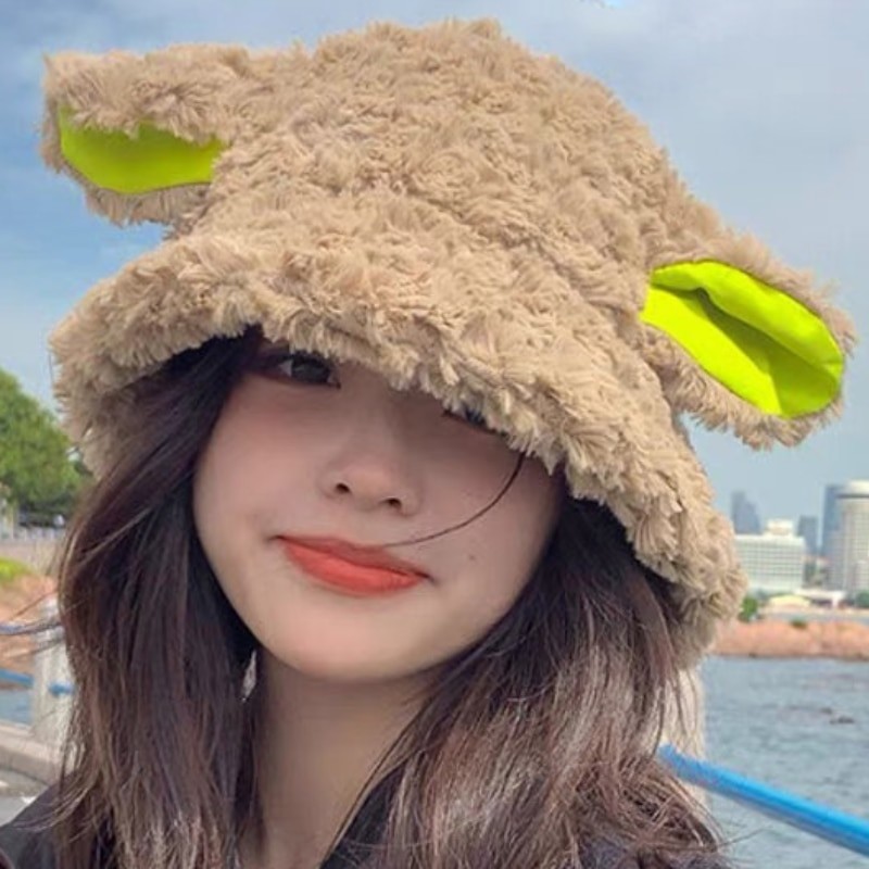 Cute Lambs Sheep Ear Women Bucket Hat 2023 Winter Spring Wool Plush Panama Cap Girls Faux Fur Soft Fisherman Sun Hats Basin Hat
