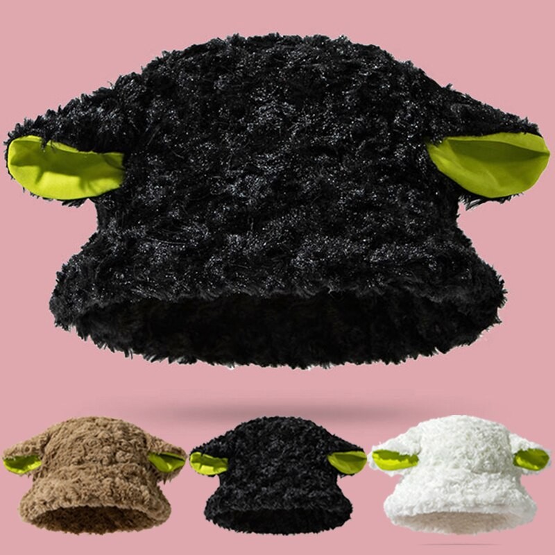 Cute Lambs Sheep Ear Women Bucket Hat 2023 Winter Spring Wool Plush Panama Cap Girls Faux Fur Soft Fisherman Sun Hats Basin Hat