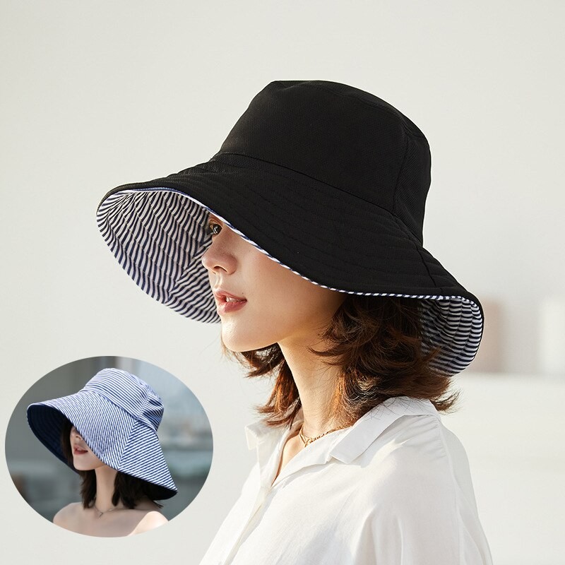Double Side Wear Fisherman Hat For Women Solid Striped Bucket Hats Summer Female Anti-UV Wide Brim Sunscreen Cap