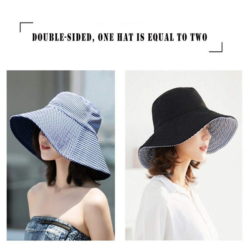 Double Side Wear Fisherman Hat For Women Solid Striped Bucket Hats Summer Female Anti-UV Wide Brim Sunscreen Cap