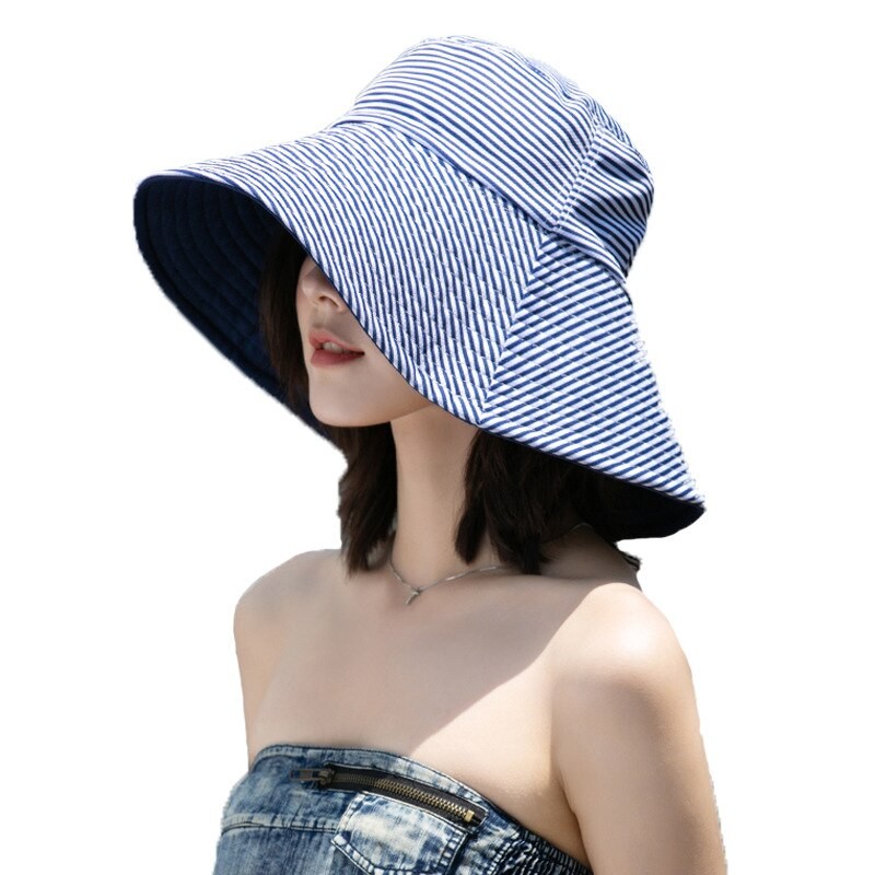 Double Side Wear Fisherman Hat For Women Solid Striped Bucket Hats Summer Female Anti-UV Wide Brim Sunscreen Cap