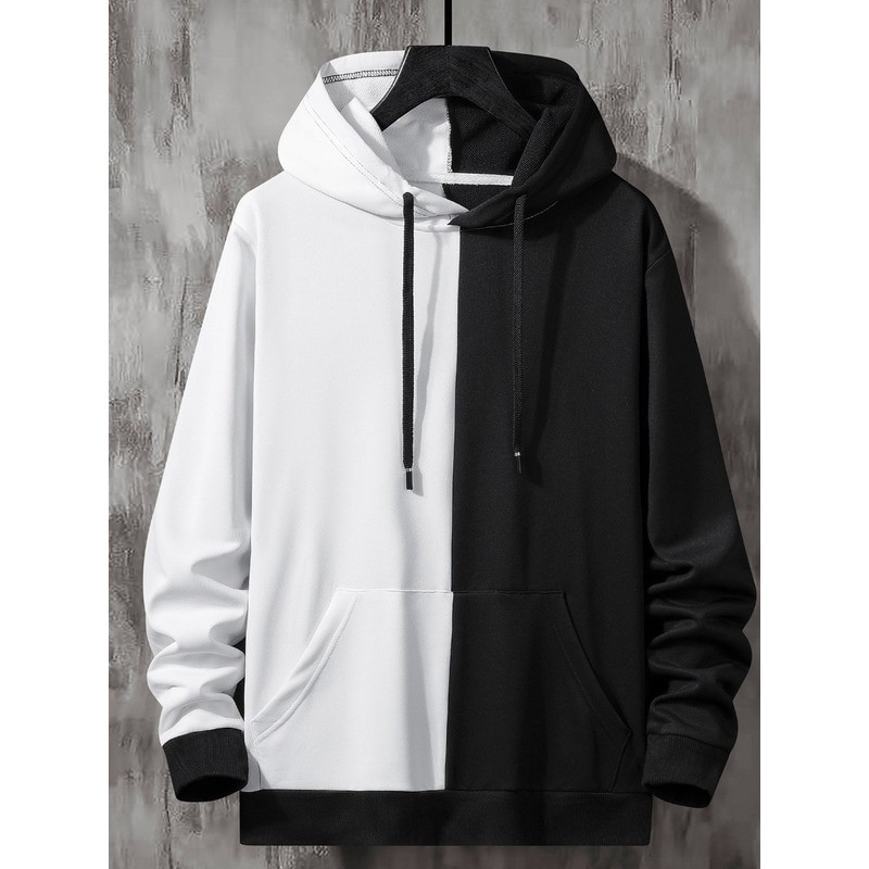 Men Two Tone Drawstring Detail Pocket Sweatshirt Hoodies