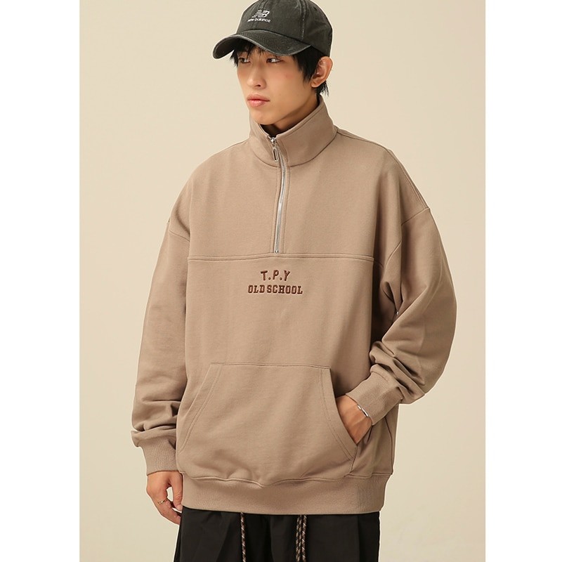 Streetwear Men Recreational Half Zipper Stand Collar Grey Sweater New Pattern Vintage Loose Neutral Pullover Autumn and Winter