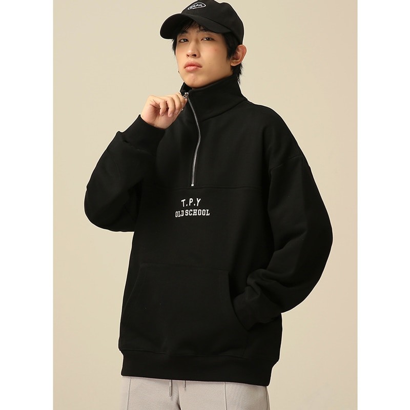 Streetwear Men Recreational Half Zipper Stand Collar Grey Sweater New Pattern Vintage Loose Neutral Pullover Autumn and Winter