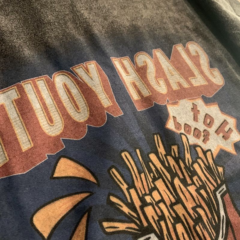 American high street retro old tie-dye French fries printed short-sleeved T-shirt men and women trendy hip hop half-sleeved top