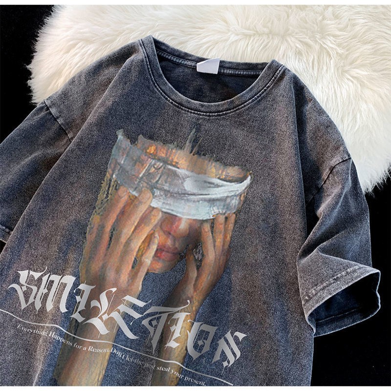 American retro portrait short sleeved t-shirt men summer design sense washed to make old trendy couple half sleeved tops t shirt