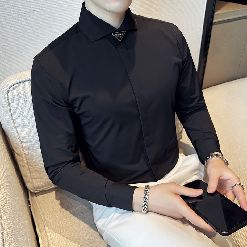 British Style Spring New Long Sleeve White Shirts For Men Clothing 2023 Business Casual Formal Wear Slim Fit Tuxedo Dress Sale