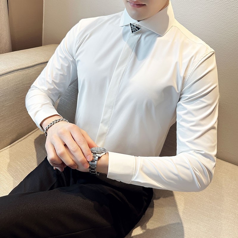 British Style Spring New Long Sleeve White Shirts For Men Clothing 2023 Business Casual Formal Wear Slim Fit Tuxedo Dress Sale