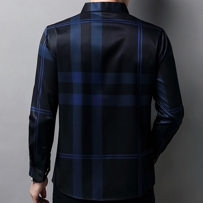New Shirt Wrinkle resistant and Iron free Men's Long Sleeve Luxurious and Comfortable Lapel Slim Spring and Autumn Plaid Print