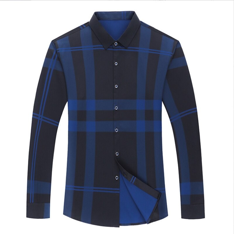 New Shirt Wrinkle resistant and Iron free Men's Long Sleeve Luxurious and Comfortable Lapel Slim Spring and Autumn Plaid Print