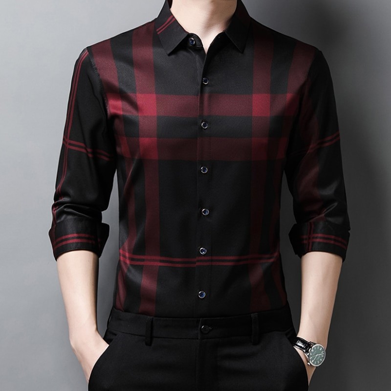 New Shirt Wrinkle resistant and Iron free Men's Long Sleeve Luxurious and Comfortable Lapel Slim Spring and Autumn Plaid Print