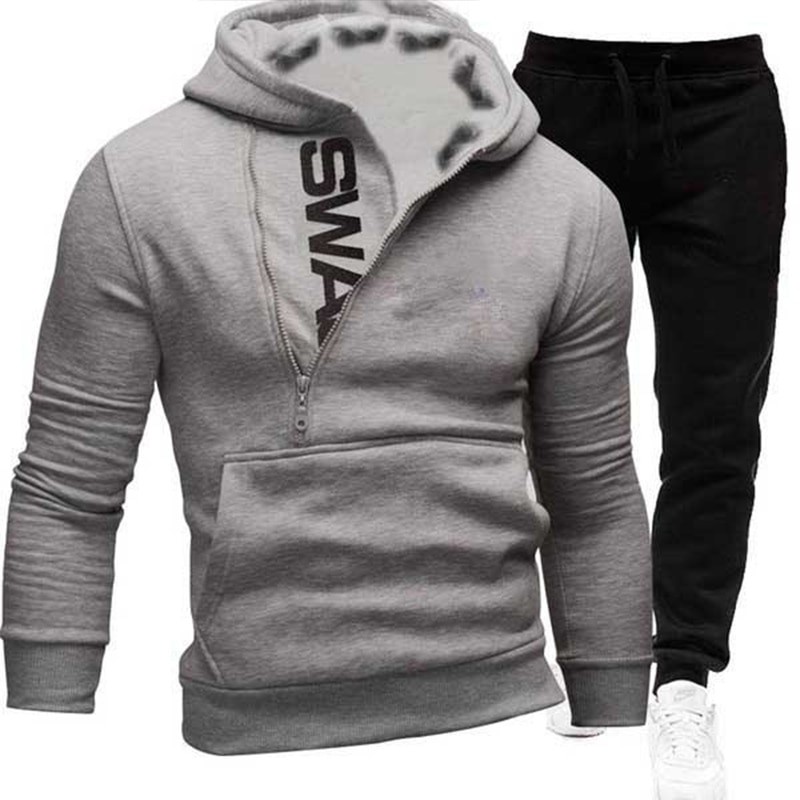 Spring Autumn Men's Sweatshirt Suit Letter Printed Zipper Pockets Hoodie+Drawstring Sweatpants Fashion Male 2Pcs Set