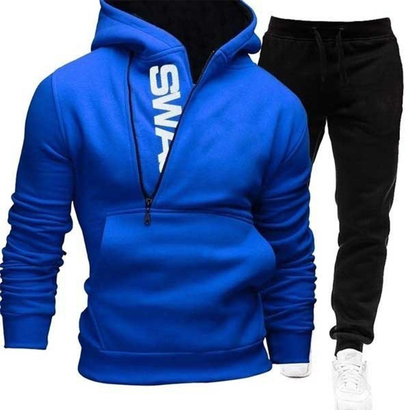 Spring Autumn Men's Sweatshirt Suit Letter Printed Zipper Pockets Hoodie+Drawstring Sweatpants Fashion Male 2Pcs Set