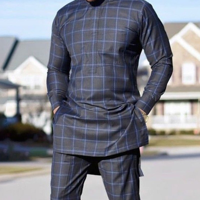 African Clothing For Man Dashiki Style Men's Plaid Shirts And Pants 2 Piece Casual Suits Kaftan Wear Suits Men Clothing (M-4XL)