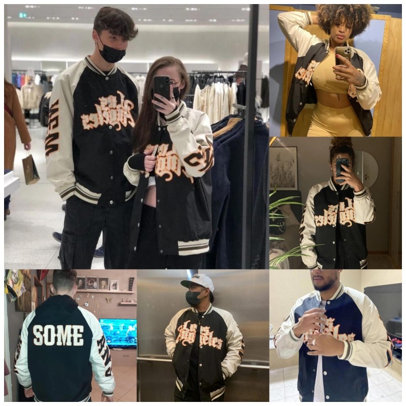 Men Letter Embroidery Colorblock Raglan Sleeve Striped Trim Varsity Jacket Without Tee