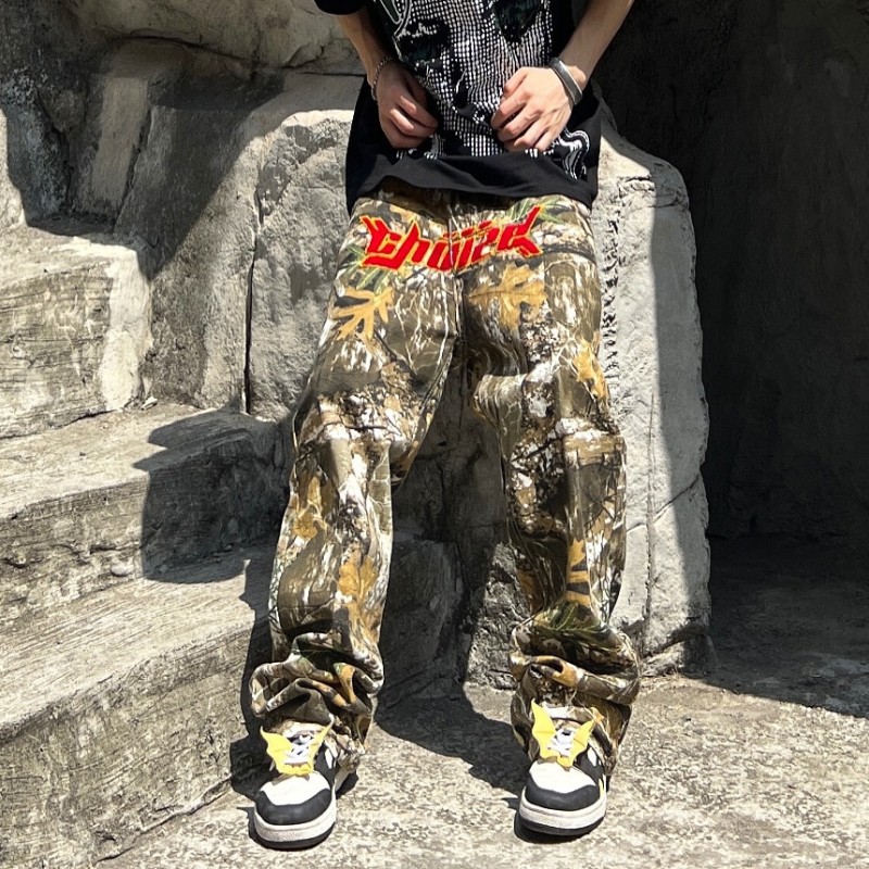 Letter Towel Embroidery Leopard Streetwear Mens Casual Trousers Pacthwork Pockets Striaght Oversized Loose Track Pants
