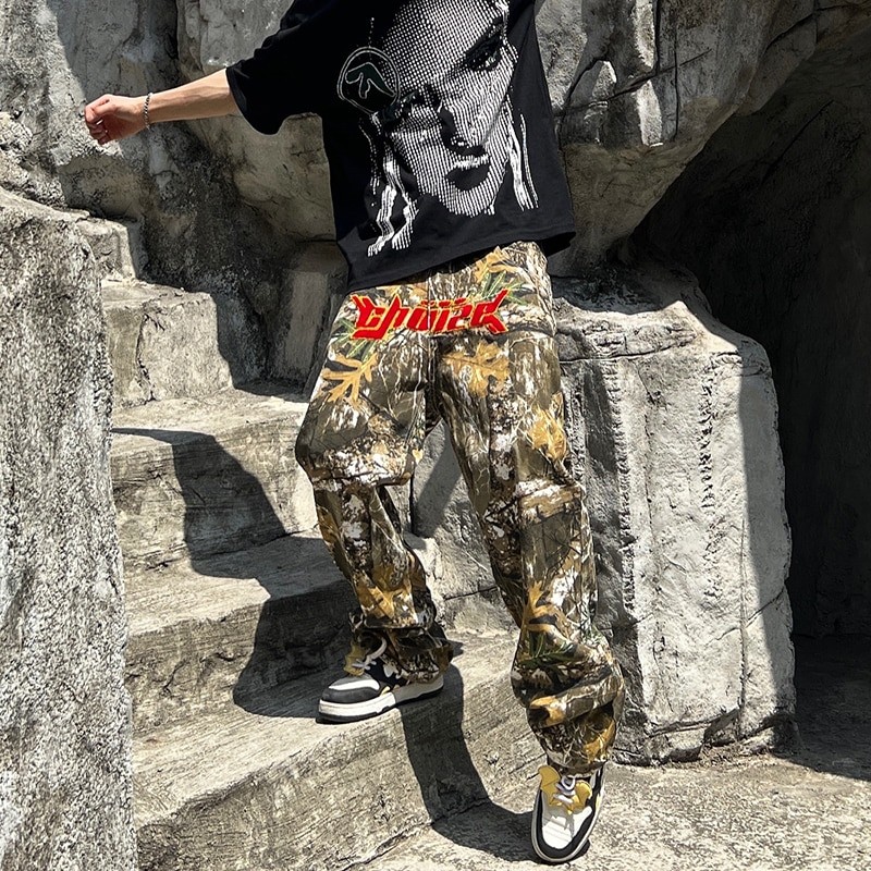 Letter Towel Embroidery Leopard Streetwear Mens Casual Trousers Pacthwork Pockets Striaght Oversized Loose Track Pants