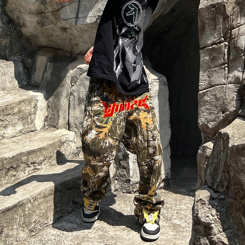 Letter Towel Embroidery Leopard Streetwear Mens Casual Trousers Pacthwork Pockets Striaght Oversized Loose Track Pants