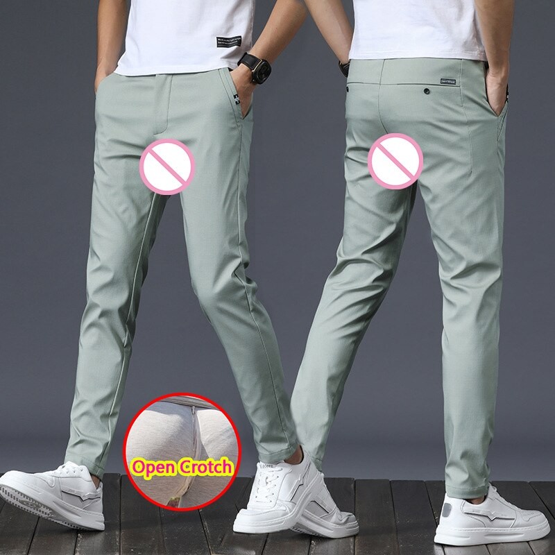 Men Open Crotch Pants Sport Hidden Zippers Korean Elastic Gay Hot Crotchless Trousers with Pockets Streetwear Fashion Summer
