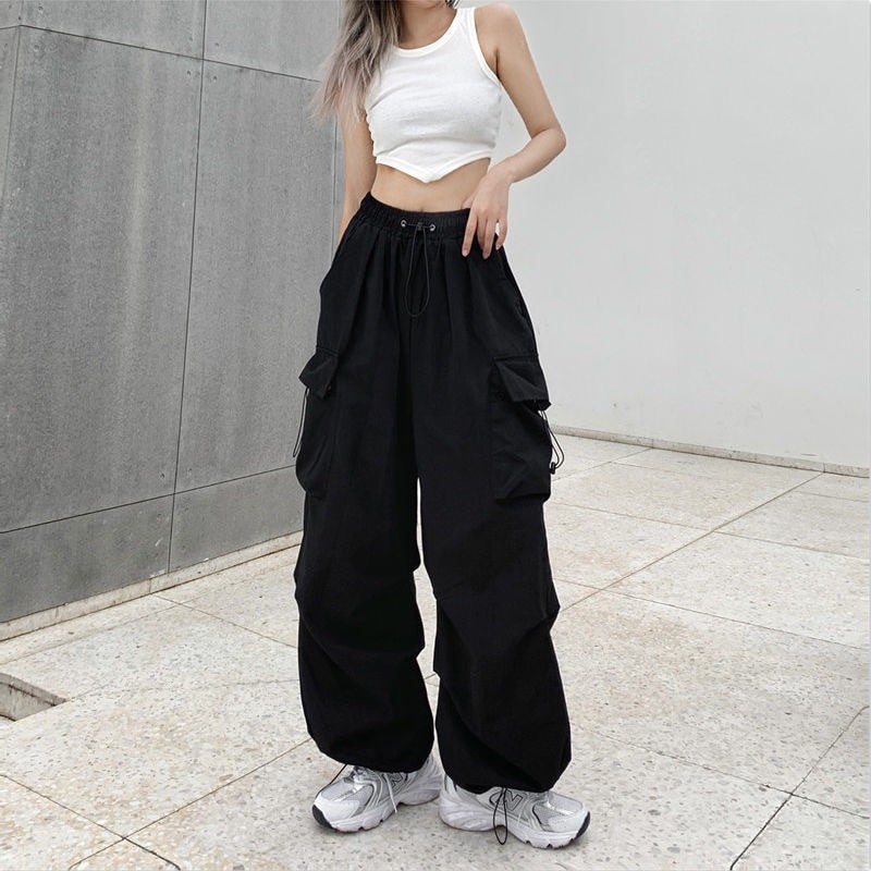 Y2K Women Streetwear Cargo Pants Korean Harajuku Casual Solid Baggy Straight Trousers Fashion Wide Leg Pockets Joggers Trousers
