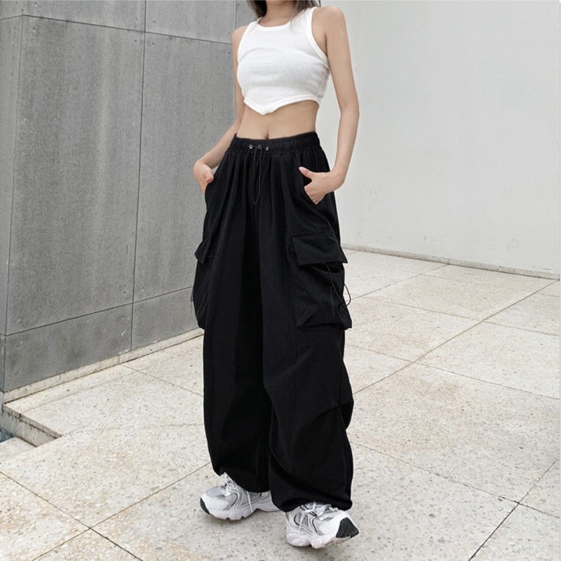 Y2K Women Streetwear Cargo Pants Korean Harajuku Casual Solid Baggy Straight Trousers Fashion Wide Leg Pockets Joggers Trousers