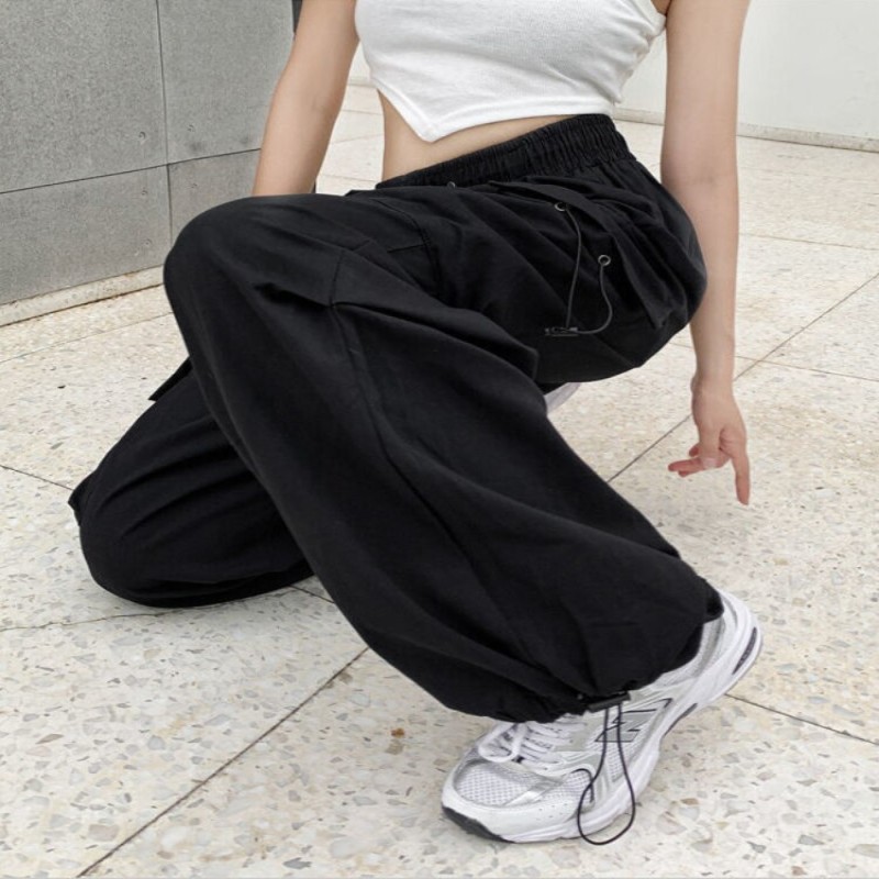 Y2K Women Trousers Solid Casual Loose Drawstring High Waist Streetwear Joggers Baggy Sweatpant Female Vintage Hippie Cargo Pants