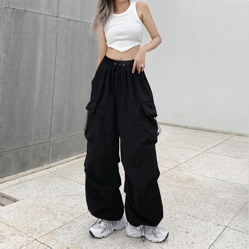 Y2K Women Cargo Pants Vintage Streetwear Baggy Wide Leg Sweatpants Casual Drawstring Pocket Tech Joggers Trousers Men Pantalon